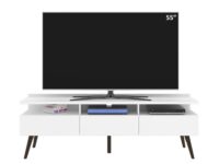 Jasmine White TV Stand on white background with a TV display